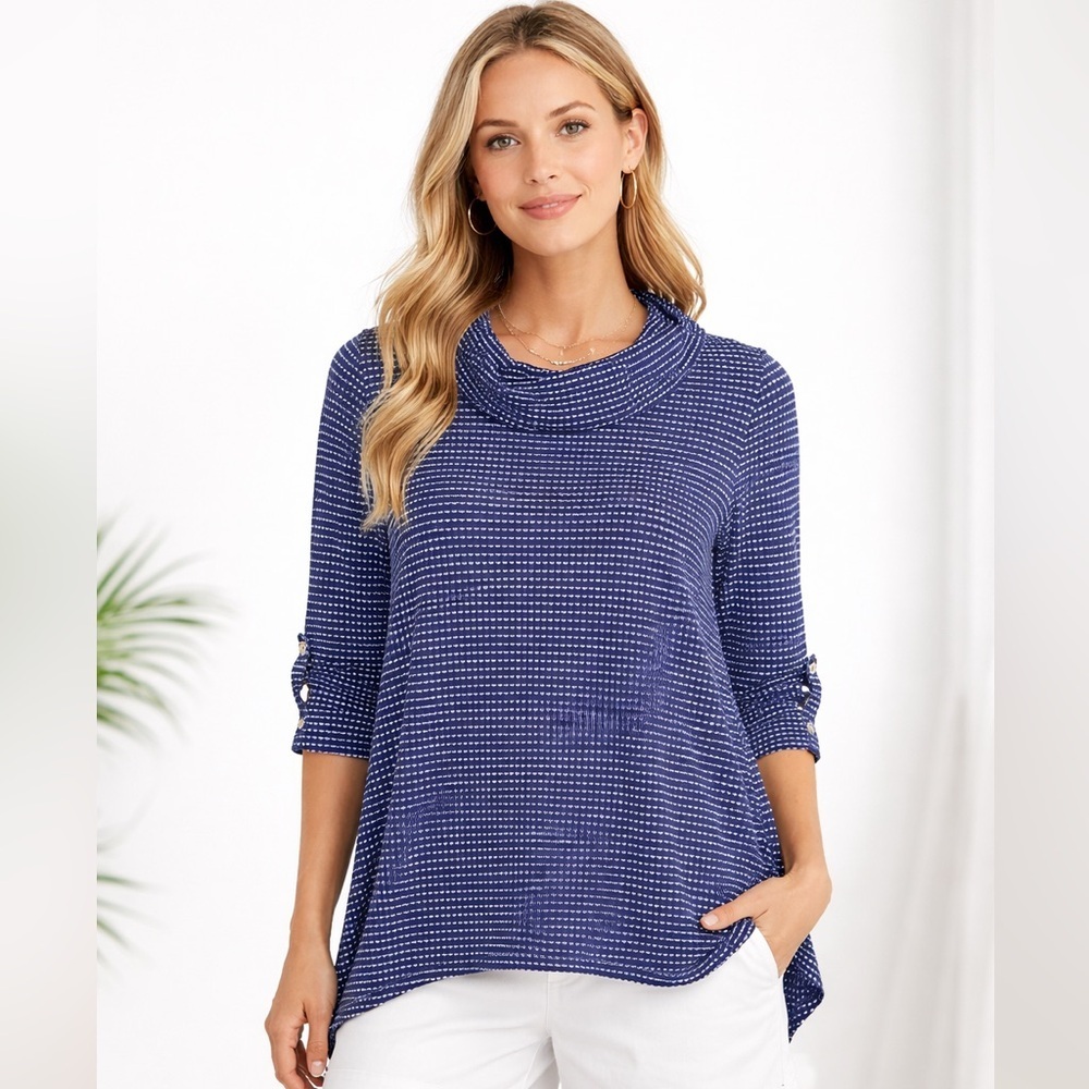 Blue and white Rafella cowl neck size small in excellent like-new condition